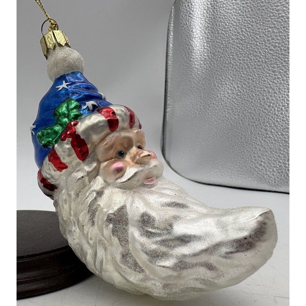 Patriotic Santa Claus Blown Glass Christmas Ornament Red White Blue 5 Inch
